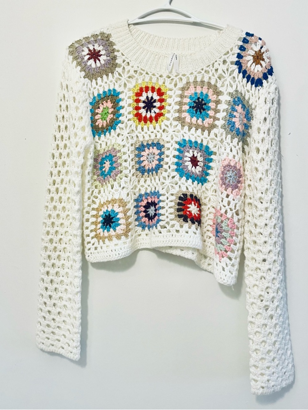 Dreamers White Crochet Sweater with Multicolor Granny Squares